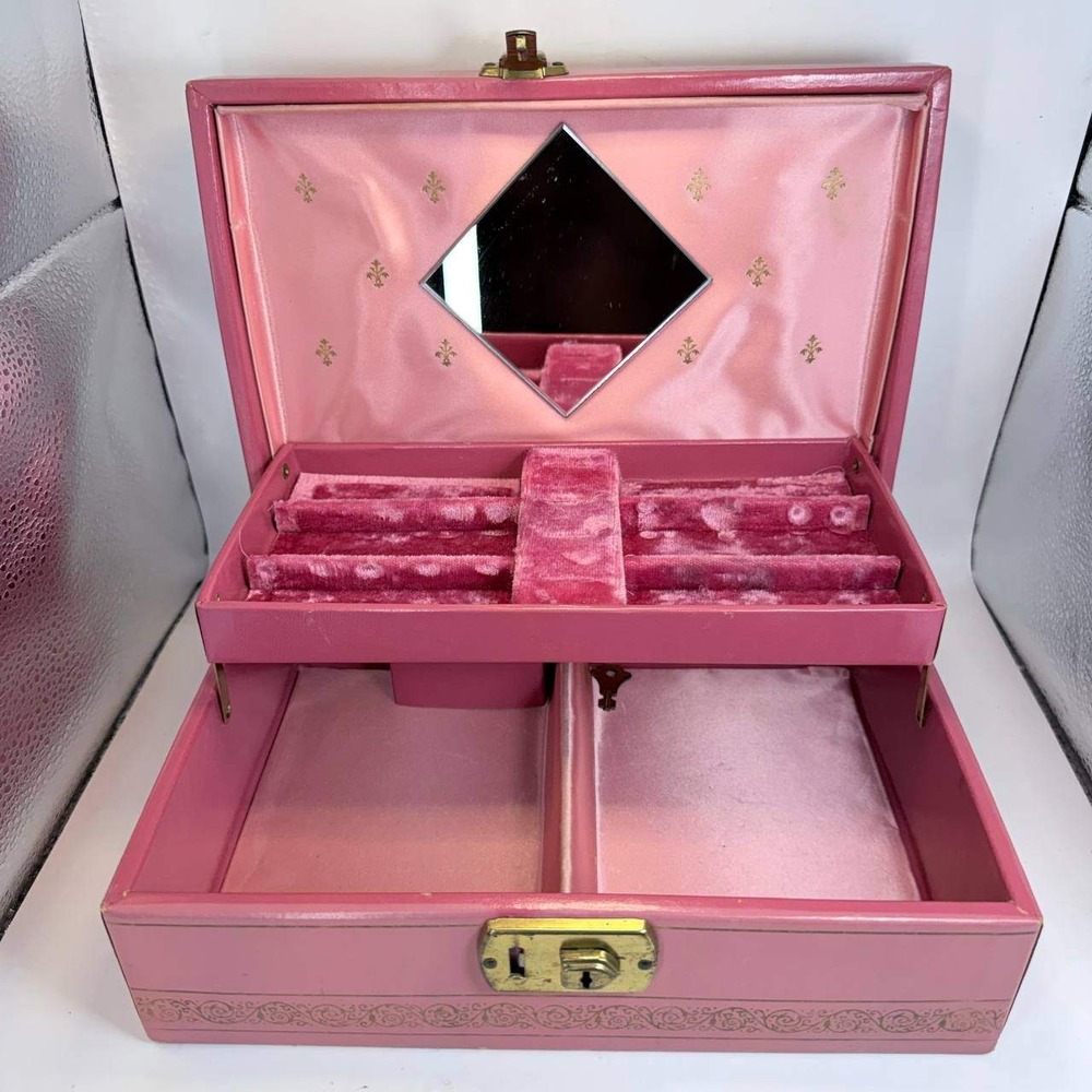 Vintage Pink Faux Leather Musical Jewelry Box Gold Fleur De Lis Mirror Large